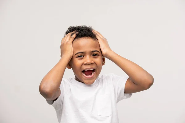 Extremely Happy Cute Little Boy Touching Head Hands Shouting Express — Stock Photo, Image