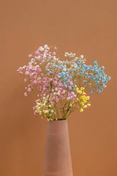 手工制作的粘土花瓶中的一丛簇多彩的干花耸立在棕墙的背景下 作为居室内部的一部分 — 图库照片