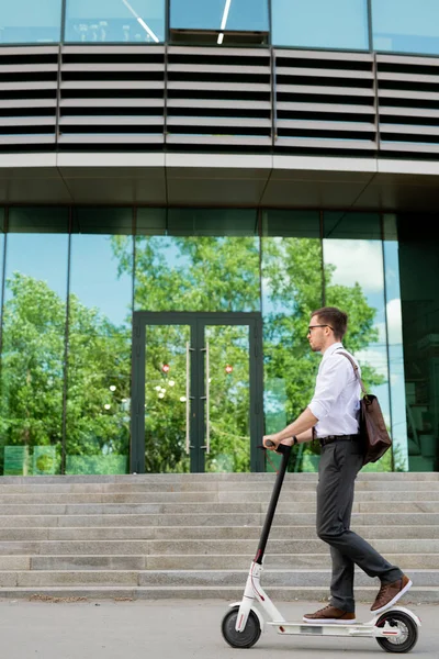 Contemporary Businessman Formalwear Sports Shoes Standing Scooter While Moving Road — Stock Photo, Image