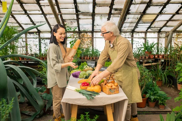 Senior Farmer Apron Standing Table Various Products Offering Organic Food — Stock Photo, Image