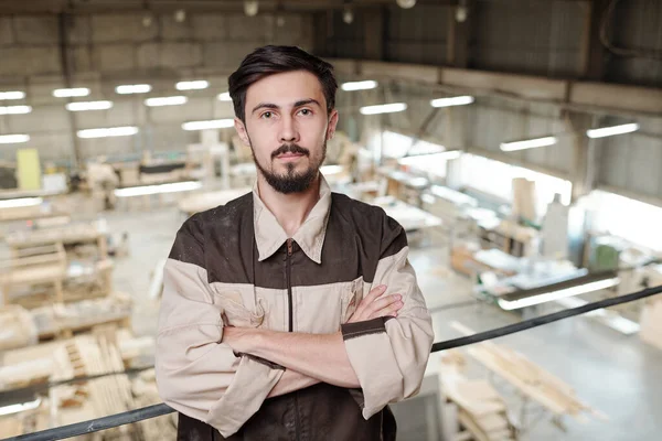 Serious Young Worker Uniform His Arms Crossed Chest Standing Front — Stock Photo, Image