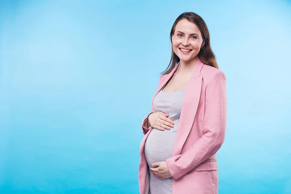 Happy Young Elegant Future Mother Grey Casual Dress Pink Trenchcoat — Stock Photo, Image