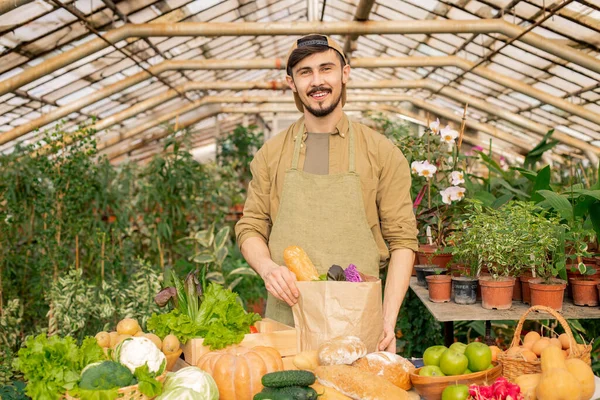 Ritratto Giovane Contadino Barbuto Sorridente Berretto Grembiule Piedi Bancone Con — Foto Stock