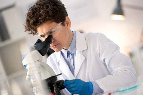 Gyógyszeripari Vállalat Csavaró Gombjának Koncentrált Göndör Hajú Kutatója Miközben Mikroszkópot — Stock Fotó