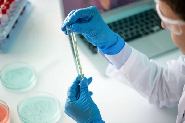 Close Biologist Sitting Desk Petri Dishes Mixing Samples Test Tube — Stock Photo, Image