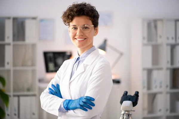 Portrait Positive Confident Female Laboratory Researcher Goggles White Coat Standing — Stock Photo, Image