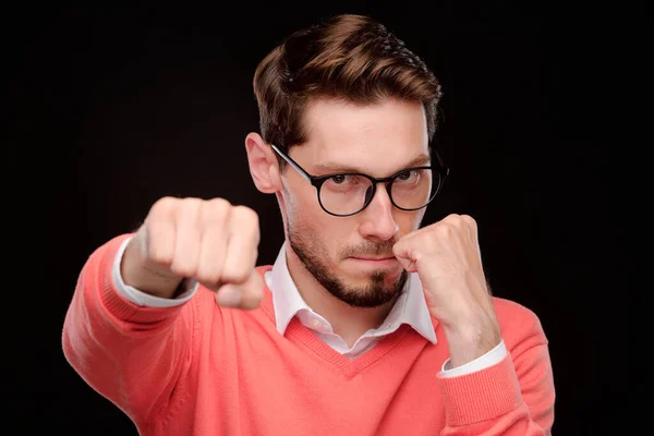Portrait Serious Confident Young Man Eyeglasses Throwing Punch While Protecting — Stock Photo, Image