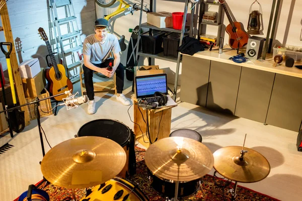 Happy Young Restful Man Casualwear Sitting Front Drumset Other Stuff — Stock Photo, Image