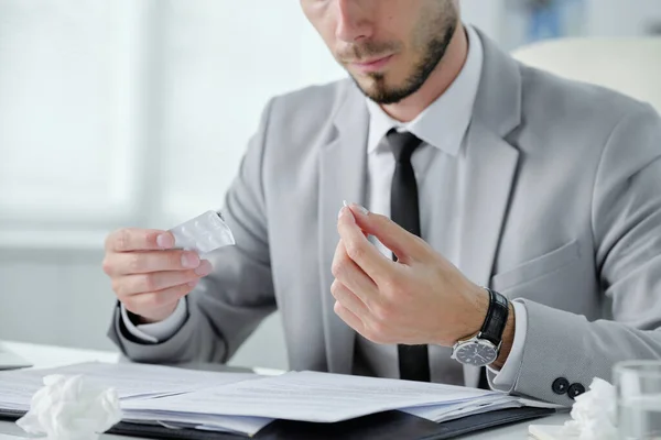 Close Bearded Businessman Gray Suit Sitting Table Documents Taking Pill — Stock Photo, Image