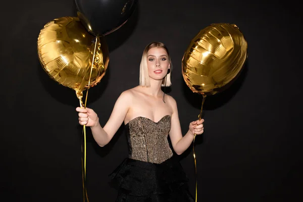 Happy Young Elegant Woman Golden Color Balloons Enjoying Celebration Birthday — Stock Photo, Image