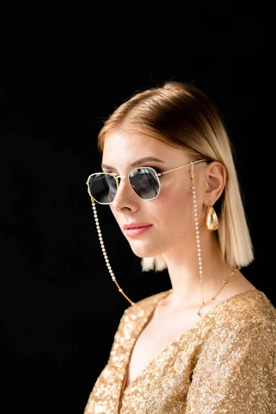 Pretty Blond Girl Glamorous Sunglasses Elegant Dress Golden Earrings Standing — Stock Photo, Image