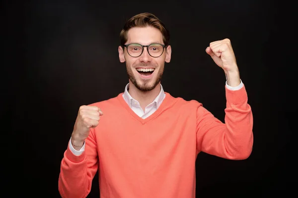 Portrait Positive Excited Young Bearded Man Glasses Making Yes Gesture — Stock Photo, Image