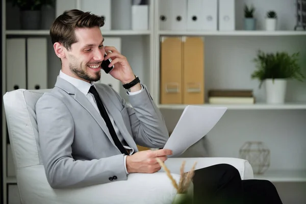 Cheerful Successful Young Businessman Beard Sitting Comfortable Armchair Office Viewing — Stock Photo, Image