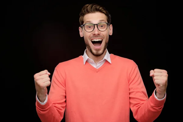 Portrait Excited Young Bearded Man Open Mouth Making Yes Gesture — Stock Photo, Image