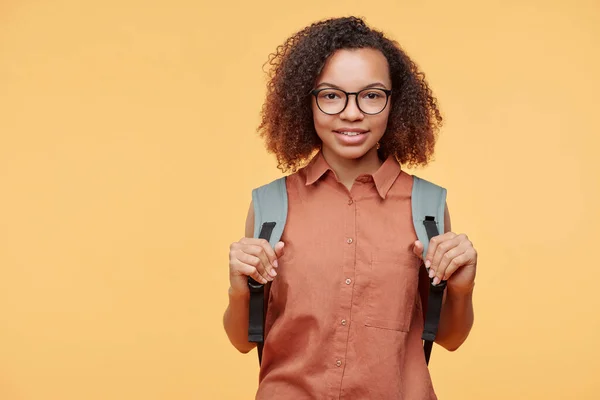 Portrait of content attractive Black student girl in glasses holding straps of satchel while posing against yellow background
