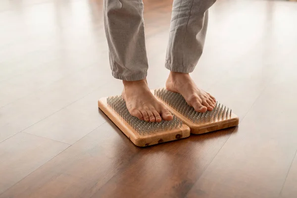 Young Active Barefoot Man Sportspants Standing Yoga Therapy Pads Metallic — Stock Photo, Image