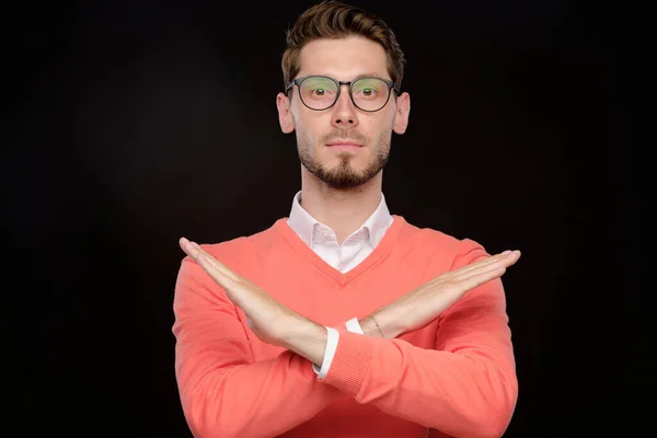 Portrait Serious Young Bearded Man Eyeglasses Making Rejection Gesture Black — Stock Photo, Image