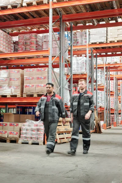 Dois Jovens Trabalhadores Masculinos Interculturais Uniforme Movendo Longo Grande Fábrica — Fotografia de Stock