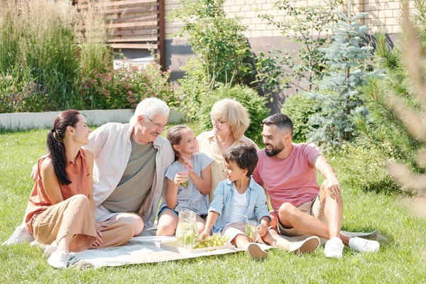 阳光明媚的夏日 一家人坐在后院草坪上野餐的画像 — 图库照片