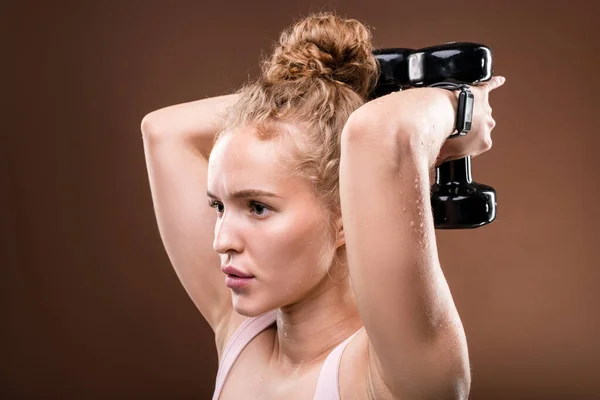 Active Sweaty Girl Holding Dumbbells Hands Head While Doing Physical — Stock Photo, Image