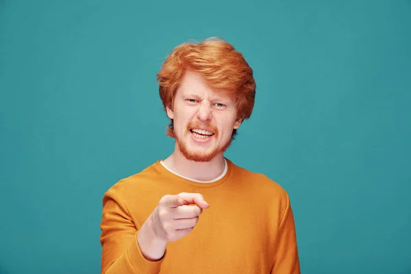 Serious Confident Young Redhead Man Beard Pointing You Asking Question — Stock Photo, Image