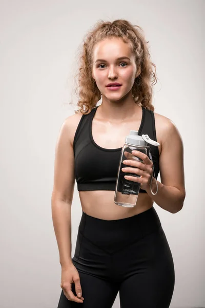 Young Cheerful Fit Woman Black Tracksuit Holding Plastic Bottle Pure — Stock Photo, Image