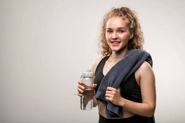 Happy Fit Woman Black Tracksuit Holding Bottle Water Soft Towel — Stock Photo, Image