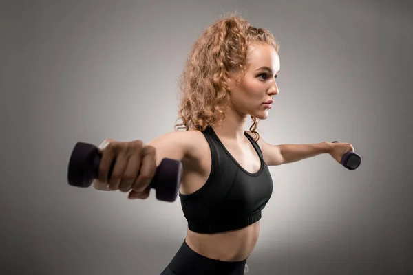 Pretty Young Fit Female Blond Curly Hair Outstretching Her Arms — Stock Photo, Image