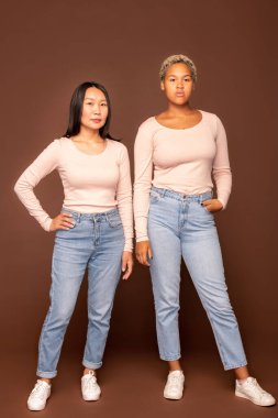 Afrika ve Asya kökenli iki zarif kadın günlük kıyafetleriyle kameranın önünde kahverengi arkaplan karşısında dikiliyorlar.