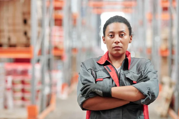 Depoda çalışan genç, ciddi melez bir kadın işçi kamera karşısında göğüs göğüse geziyor.