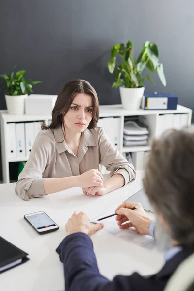 Young Woman Feeling Confused Absurd Questions Manager Asking Her Job — Stock Photo, Image