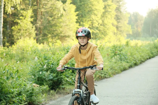 Active Contemporary Schoolboy Casualwear Protective Helmet Riding New Bicycle Road — Stock Photo, Image