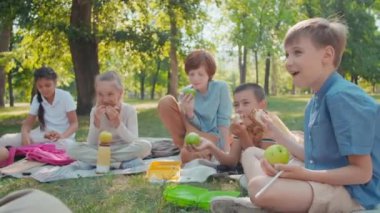 Okul çocuklarının yaz günü parkta battaniyelere oturup öğretmenlerini kameradan dinlerken görüntülerini izlemek.