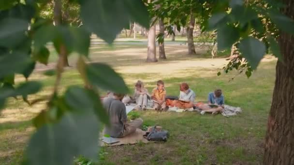 坐在公园里 双腿交叉地坐在毛毯上 与坐在他面前 在笔记本上画画或写字的好奇的孩子们交谈 — 图库视频影像