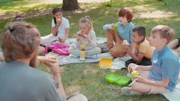 在阳光明媚的夏日 一群满脸胡须的男教师和一群学生坐在公园的毛毯上 在室外课后吃午饭 追踪他们的慢镜头 — 图库视频影像