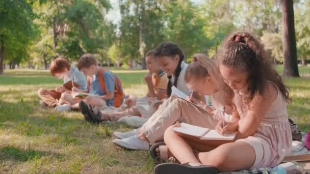 Foto Media Grupo Escolares Sentados Mantas Sobre Hierba Verde Parque — Vídeo de stock