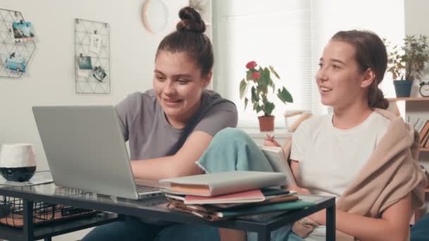 Medium Shot Happy Female College Dorm Roommates Sitting Desk Working — Stock Video