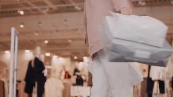 Mid Section Slowmo Unrecognizable Young Woman Holding Shopping Bags Purchases — Stock Video