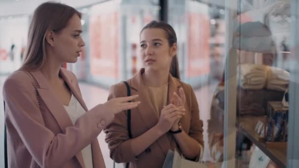 Alışveriş Merkezinin Vitrininde Durup Sohbet Eden Mutlu Genç Bayan Arkadaşların — Stok video