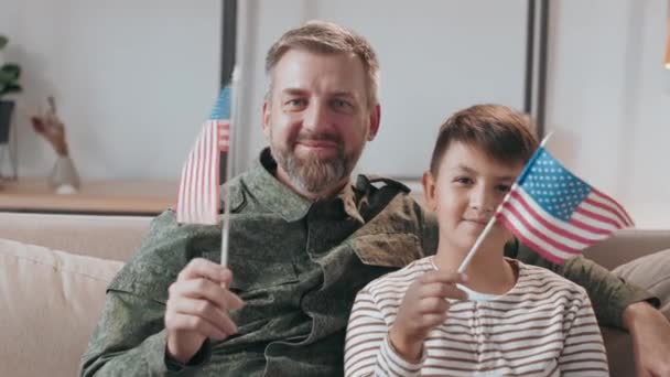 Portrait Shot Happy Middle Aged Army Officer His Son Waving — Stock Video