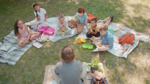 Vista Superior Maestra Grupo Niños Sentados Mantas Sobre Hierba Verde — Vídeos de Stock