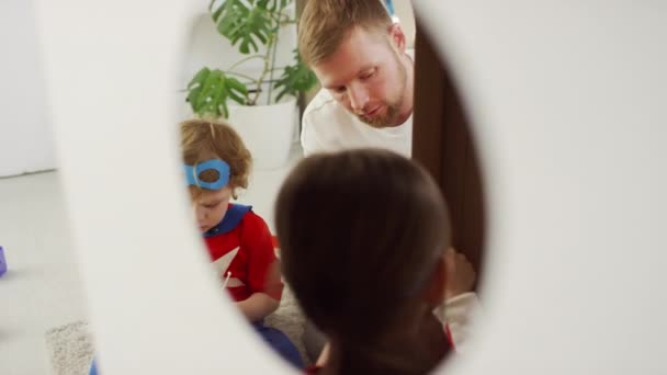 Cardboard Rocket Window Shot Modern Father Spending Time Kids Wearing — Stock Video