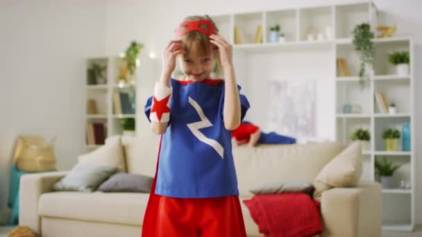 Low Angle Medium Closeup Portrait Shot Girl Superhero Costume Wearing — Stock Video