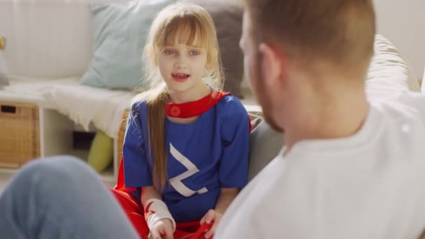 Shoulder Medium Shot Young Girl Superhero Costume Holding Red Eye — Stock Video