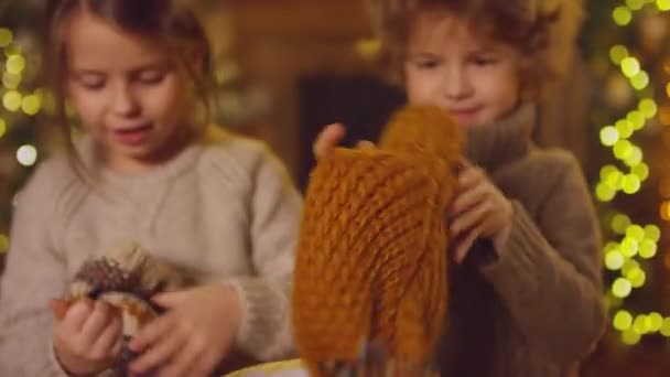 中特写镜头下 孩子们打开自制的圣诞礼品盒 女孩们帮弟弟戴着毛织的褐色礼帽 — 图库视频影像