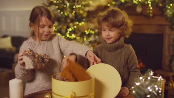 居心地の良いセーターで若い子供たちのパンニングショット内側にニットカラフルな帽子とクリスマスギフトボックスを開き それらを遊び心を持ってドレッシング — ストック動画
