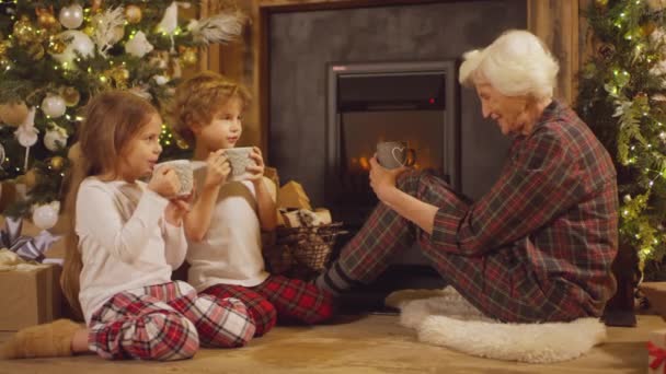 Nonna Bere Latte Caldo Raccontare Storie Bambini Pantaloni Scacchi Rossi — Video Stock