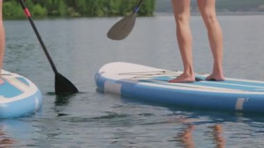 Suyun üstünde ufukta süzülen dişi ince bacaklarının düşük kesimli görüntüleri.
