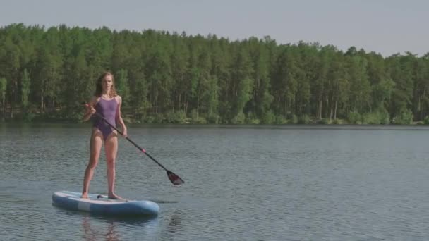 스포츠에서 수영하는 여성의 위에서 노젓는 모습을 카메라를 — 비디오