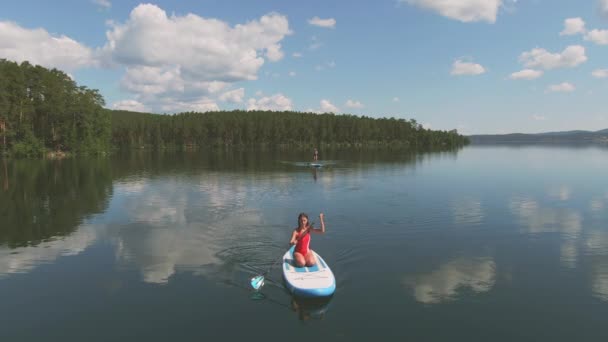 High Angle Shot Two Women Paddleboarding Lake Daylight Water Reflecting — Stock Video